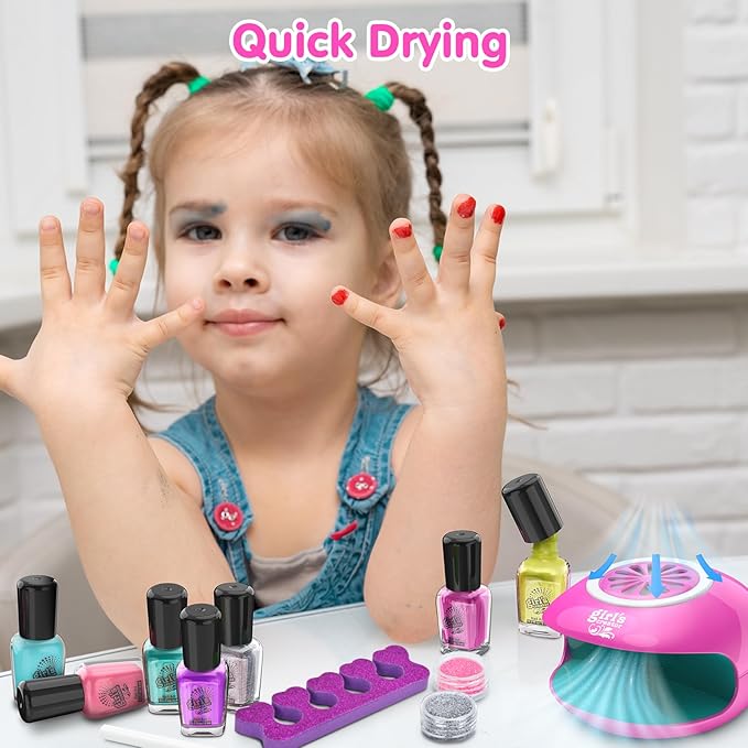 Nail Polish Kit for Kids Ages 7-12 Years Old，Nail Art Studio Set for Girls, Nail Dryer, Peeled-off Nail Polish, Glitter, Stickers, Gems, Manicure Salon Gift for Sleepover, Birthday, Christmas