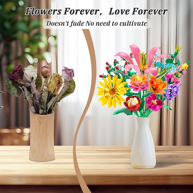 756 PCS Flower Bouquet Building Sets - 11 Kinds of Building Block Flowers, Botanical Collection Crafts Set for Home Office Decoration, Valentines Day for Adults Girl, No Vase