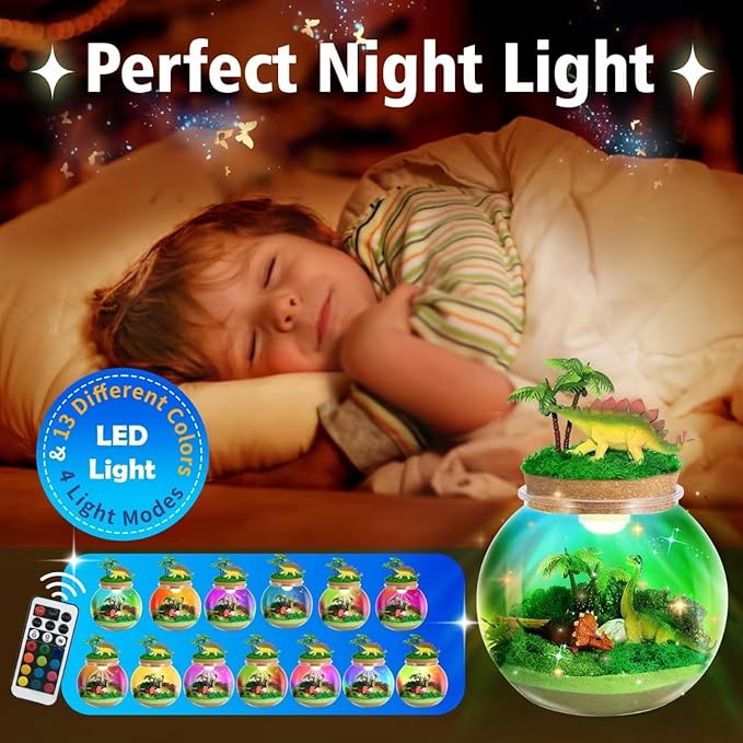 Dinosaur Light-Up Terrarium Kit for Kids- Dinosaur Birthday Gifts for Boys Ages 4 5 6 7 8-12 Year Old- Dinosaur Toys for Boys with Multicolor LED Light & Remote