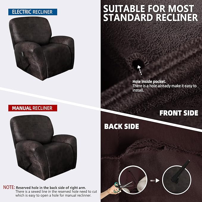 molasofa Recliner Chair Covers Large Size Oversized - 4 Pieces Leather Like Extra Large Recliner Chair Covers Stretch Recliner Slipcover for Lazy Boy Wide Recliner Chair Washable (Chocolate)
