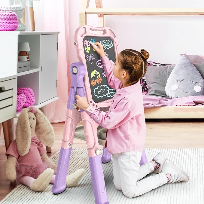 Amagoing Easel for Kids, Adjustable Standing Art Easel for Toddler, Double Magnetic Drawing Board with Painting Accessories, Birthday Christmas Gift for Little Boys and Girls, Middle Size Pink