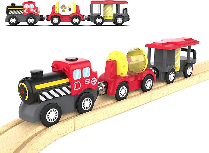 Wooden Train Track Accessories Battery Operated Locomotive Train, Magnetic Train Toy for Toddler Track Set, Powerful Engine Celebrates Train Fits All Major Brands Train Set