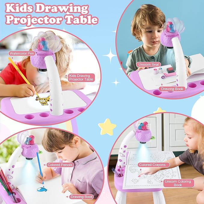 Drawing Projector for Kids,Arts and Crafts for Kids,Include Drawing Board,Crayons,Coloring Book,Stickers etc,Kids Toys for Age 3-5 Year Old Girls Christmas & Birthday Gifts (Mermaid Drawing Kit)