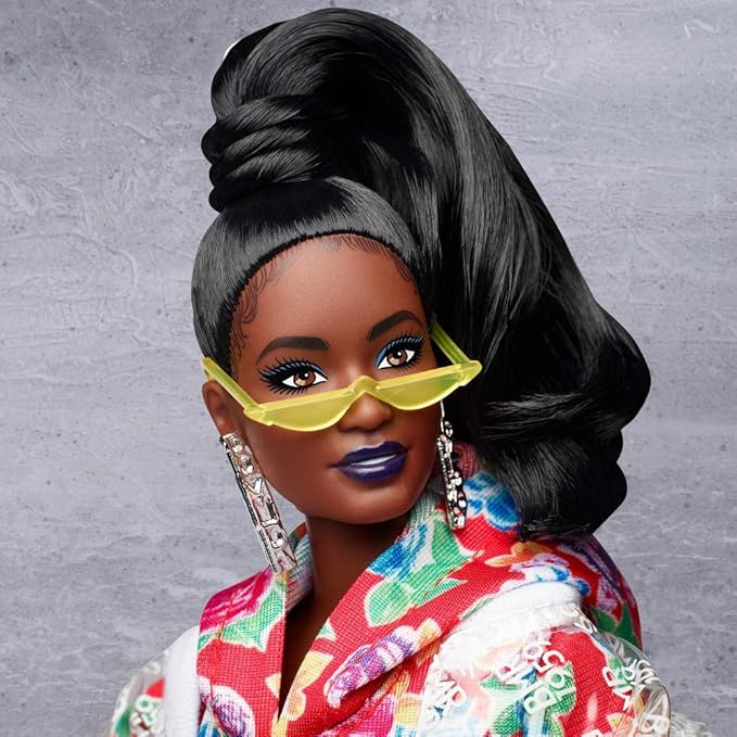 Barbie BMR1959 Fully Poseable Curvy Fashion Doll, Brunette, in Clear Vinyl Bomber Jacket and Floral Hoodie Dress, with Accessories and Doll Stand