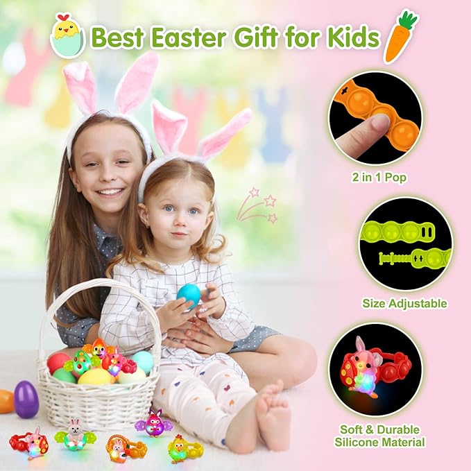 NPET 10 Pack Easter LED Bracelets Easter Basket Stuffers Party Favors for Kids Easter Light Up Bracelets Pop Fidgets Toys Easter Egg Fillers Kids Return Gifts Birthday Party Class Prize Bulk Toys