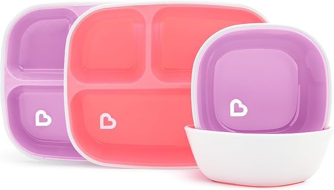 Munchkin® Splash™ 4 Piece Toddler Divided Plate and Bowl Dining Set, Pink/Purple & Any Angle™ Weighted Straw Trainer Cup with Click Lock™ Lid, 7 Ounce, 2 Pack, Pink/Purple