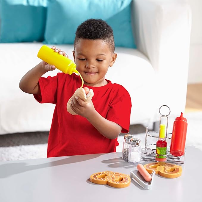 Melissa & Doug Condiments Set (6 pcs) - Play Food, Stainless Steel Caddy