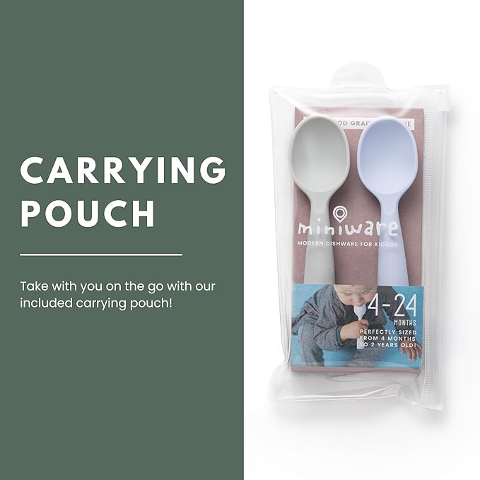 Miniware Silicone Baby Spoon for Training - BPA Free Baby Utensils - Baby Spoons Self Feeding 6 Months | 100% Food Grade Silicone - Modern & Dishwasher Safe Toddler Spoons (Grey and Lavender, 2 Pack)