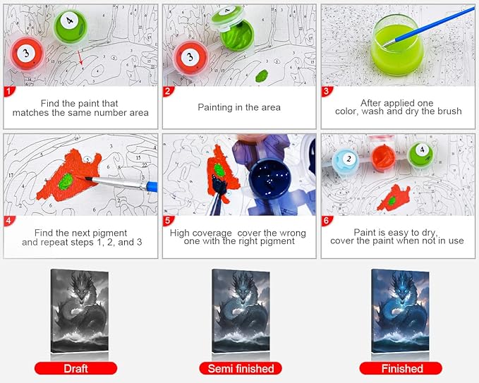 Rebotipy Water Dragon Paint by Numbers Kit for Adults, Fantasy Dragon with Glowing Eyes DIY Adult Paint by Numbers, Blue Fantasy Dragon Paint by Numbers Kit for Adults Beginner 16x20 Inch Frameless