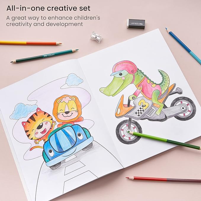 ARTEZA Kids Coloring Book and Colored Pencils Set, Transportation Illustrations, 50 Double-Sided Sheets, 100lb Paper