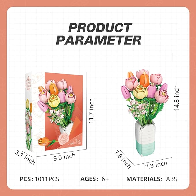 Flowers Bouquet Building Set - Christmas, Mother's Day, Valentine's, or Birthday Gift Ideal for Adult, Women, Girls and Boys, Compatible with Lego Flower, Tulips Toy Building Block with Vase(1011 PCS)