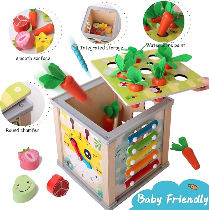 BESTAMTOY 6 in 1 Wooden Activity Cube,Montessori Baby Toys for 3 Year Old, Sorting & Stacking Board, Montessori Early Educational Toys, Boy and Girl Birthday Gift