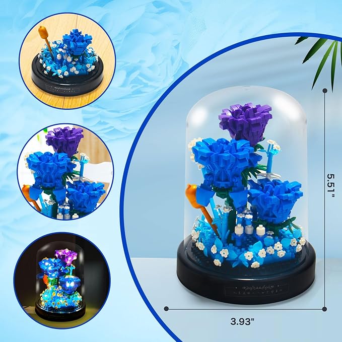 Topdear Flower Bouquets Building Sets with LED String Light and Dust Cover, 630 Pcs Blue Rose Bouquet Building Block Gifts for Mothers Day, Valentines Day, Birthday, Anniversary, Christmas