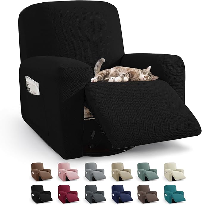JIVINER 3 Piece Recliner Chair Cover Stretch Lazy Boy Non Slip Covers for Recliner with Pockets Soft Jacquard Reclining Sofa Slipcovers Furniture Protector with Elastic Bottom (1 Seater, Black)