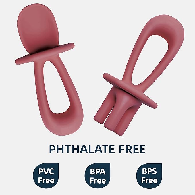 Tiny Twinkle Silicone Training Utensils, Baby Spoons and Baby Forks For Self-Feeding Training, Silicone Baby Led Weaning Utensils For Toddlers And Babies 6-24 Months, Baby Feeding Supplies (Burgundy)