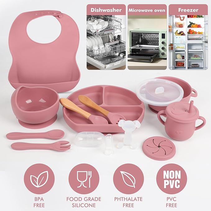 Silicone Baby Feeding Set 15 Pcs，Baby Spoons Suction Bowl Divided Plate Bib Cup Finger Brush Teething Teether，Baby Led Weaning Supplies,Baby & Toddler Silicone Plates and Bowls Dining Set（pink）