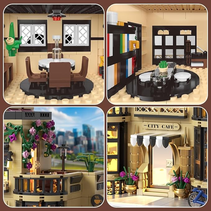 City Cafe Building Block Set, Coffee Shop City Street House Construction Toy for Adult & Teens 14+,1413pcs Mini Bricks with LED (Not Compatible with Lego)