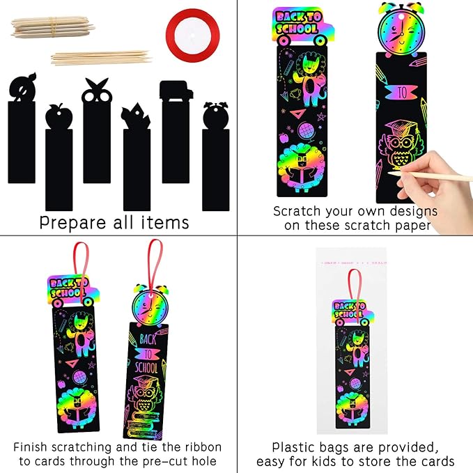 WATINC 60Pcs Welcome Back to School Scratch Bookmark, Magic Art Color DIY Craft Kit for Kids First Day of School Birthday Party Favor, Classroom Decoration, School Supplies Game for Boys Girls