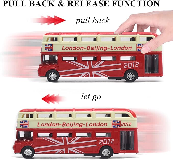 OTONOPI Bus Toys Pull Back School Bus Double Decker London Vehicles City Sightseeing Tour Bus Die Cast Metal Toy Cars Friction Powered Play Vehicle Toy Set for Kids 4 Pack