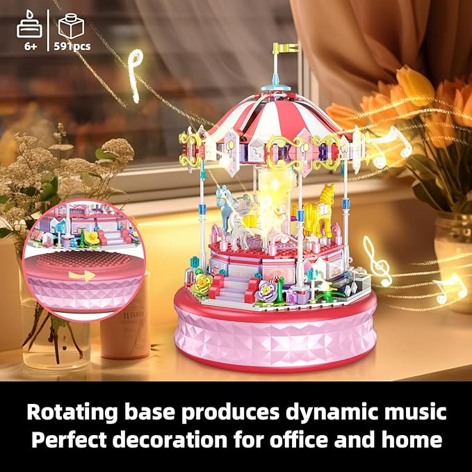 591 Piece Mini Music Box Building Block Set,Rotating Carousel DIY Building Toy,Girl Amusement Park Building Block Kit,STEM Educational Toys,Christmas Birthday Gifts for Girls Boys Ages 6-12+