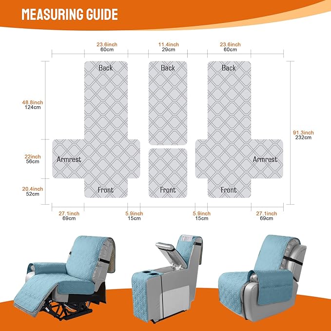 VANSOFY Loveseat Recliner Cover with Console 100% Waterproof Sofa Slipcovers Non-Slip Reclining Couch Cover Split Sofa Covers Furniture Protector for Pets, Dogs(Azuree)