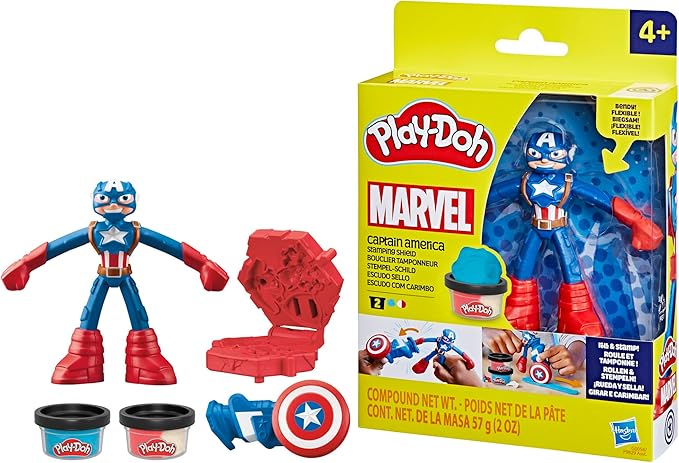 Play-Doh Marvel Captain America Stamping Shield with Bendy Action Figure, Imagination Toys for 4 Year Old Boys and Girls and Up