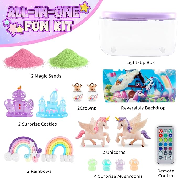 Unicorn Terrarium Kit Gifts for Kids - DIY Night Light Up with Remote - Unicorn Toys for Girls Ages 4 5 6 7 8 9 10 11 12 + Year Old Fun Easter Birthday Sand Arts and Crafts for Kids