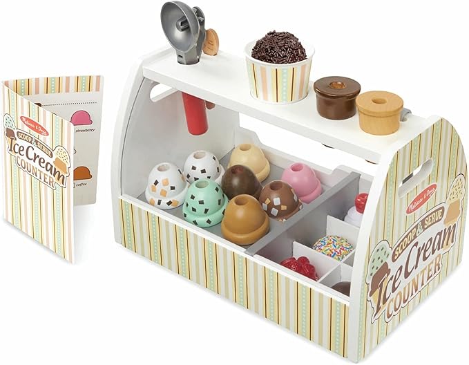 Melissa & Doug Wooden Scoop and Serve Ice Cream Counter (28 pcs) - Play Food and Accessories - Pretend Food Toys, Ice Cream Shop Toys For Kids Ages 3+
