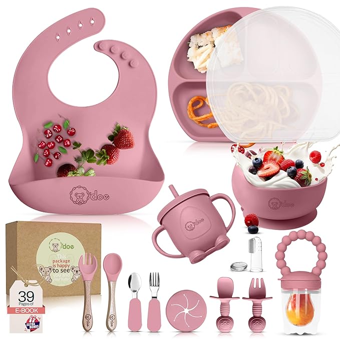 O'doe 17-Piece BPA-Free Silicone Baby Feeding Set | Thick & Soft Suction Plates, Baby Bowls, Wooden Fork & Spoon, and More | Make Mealtime Fun and Easy for Your Little One | Pink, V2