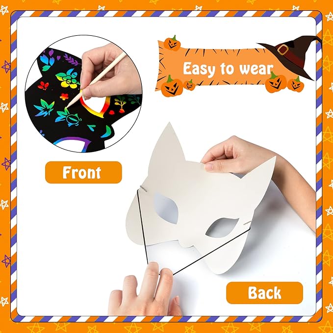 MGparty Halloween Crafts, 42PCS Halloween Rainbow Scratch Mask, Magic Scratch Paper Art for Kids Birthday Classroom Decoration for Halloween Party Favors Gifts Party Games Projects Kits