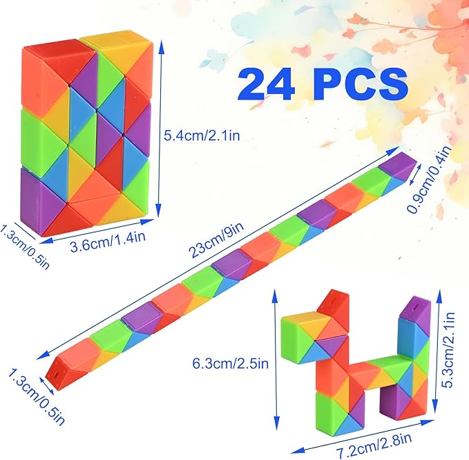 GOLDGE 15 Pack Mini Fidget Snake Cube Puzzle Toys - Party Favors & Goodie Bag Fillers, Travel Toys for Kids Ages 4-8, Rainbow Colors - Bulk Birthday & Back to School Gifts - Stocking Stuffers