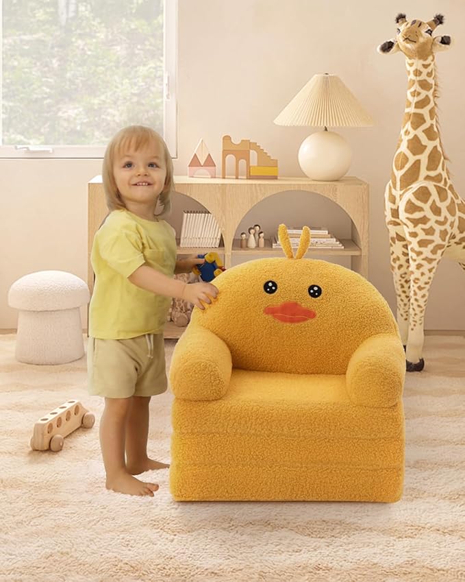 MOONBEEKI Comfy Toddler Chair, Kids Couch Fold Out to Lounger, Foldable Baby Sofa Plush for Girl and Boy Age 18 Months and Up （Duck）