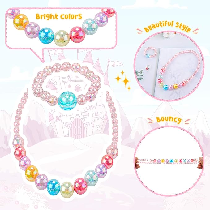 Sumind 6 Sets Play Jewelry for Little Girls Princess Necklace Bracelet Set Includes Kid Beaded Necklace Bracelet for Toddler Christmas Birthday Party Favors Cosplay(Colored Ball, Bowknot Style)