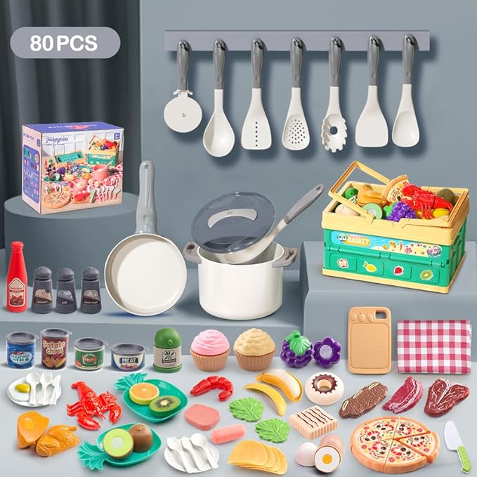 80Pcs Kitchen Playset, Toddler Pretend Cooking with Pots, Pans, Cookware, Food, Picnic Blanket, Fruits, Veges, Shopping Storage Basket, Dessert, Learning Gift for Girls Boys (White)