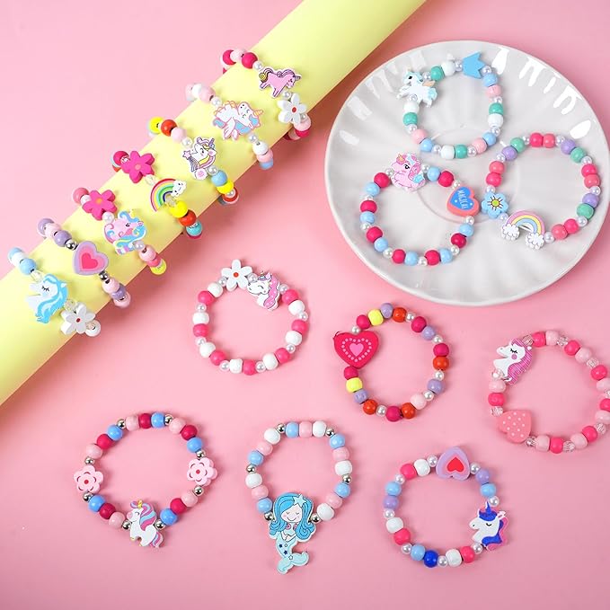 Wooden Bracelets for Girls Party favors Dress up Unicorn Mermaid Rainbow Heart Pendant Cute Friendship Stretchy Costume Jewelry Set Gift Play Party Favors (Unicorn)