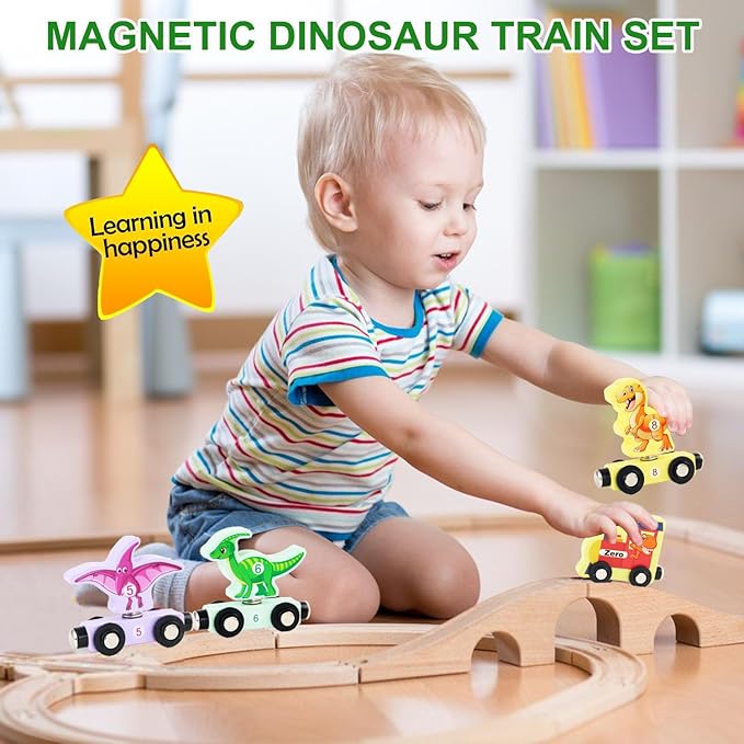 Magnetic Wooden Dinosaur Train Set Montessori Preschool Educational Car Toys for Baby Toddlers Infants Boys Birthday Gifts