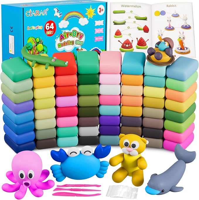 CiaraQ Air Dry Clay - 64 Colors DIY Modeling Clay Kit with Sculpting Tools, Soft & Ultra Light, Easy to use, Ideal for Sculpture, Crafting, DIY Projects (Assorted Colors)