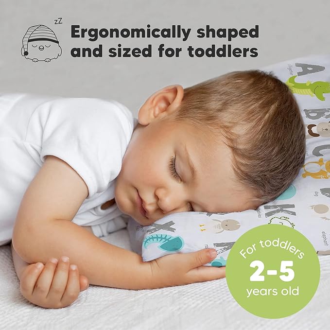 Toddler Pillow with Pillowcase - 13x18 My Little Dreamy Pillow, Organic Cotton Toddler Pillows for Sleeping, Kids Pillow, Travel Pillows, Mini Pillow, Nursery Pillow, Toddler Bed Pillow (KeaABC)