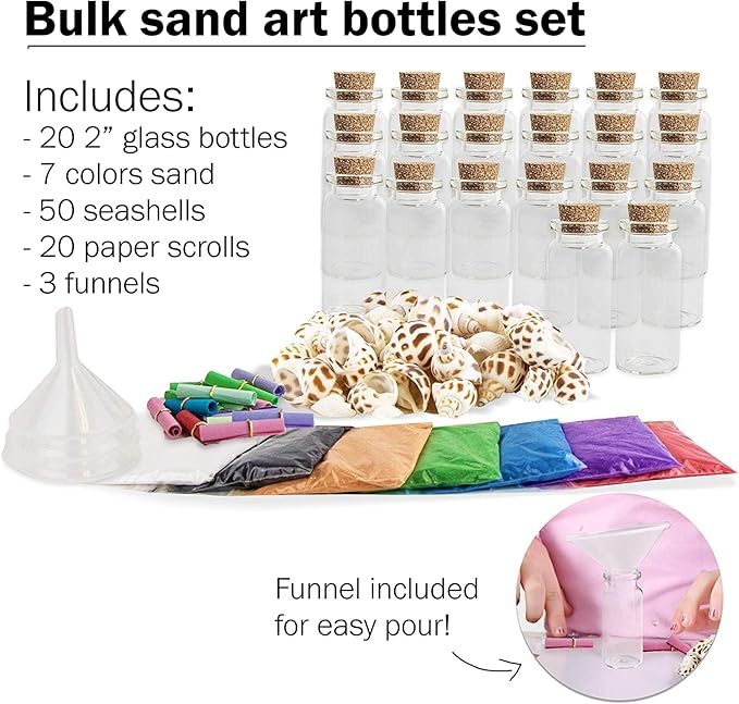 Upper Midland Products Sand Art Wishing Bottles, Bulk Sand Art She Shell Set, 20 Glass Bottles, 50 Seashells, 7 Color Sand, 20 Letter Paper, 3 funnels