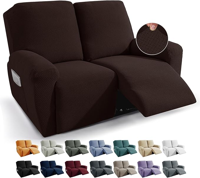JIVINER 6-Piece Loveseat Recliner Slipcover Stretch Jacquard Recliner Sofa Cover 2 Seater Washable Reclining Couch Cover with Pocket Fitted Furniture Protector Cover (Loveseat Recliner, Dark Coffee)