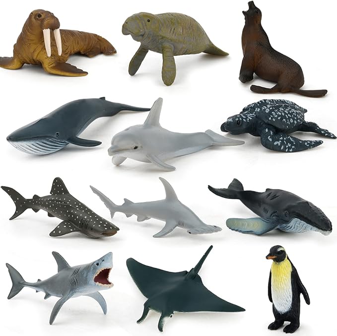 Small Montessori Animal Figures with Flash Cards, Realistic Animal Figurines Toys, Montessori Materials Homeschool Preschool Science Educational Matching Game for Toddler Kids (Sea)