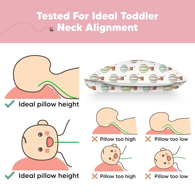 Toddler Pillow with Pillowcase - 13x18 My Little Dreamy Pillow, Organic Cotton Toddler Pillows for Sleeping, Kids Pillow, Travel Pillows, Mini Pillow,Nursery Pillow,Toddler Bed Pillow(Hot Air Balloon)