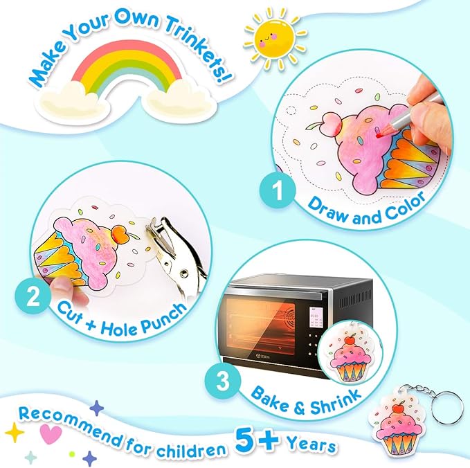 Mocoosy Shrink Plastic Kit for Shrinky Dinks, 148PCS Heat Shrinky Art Sheets for Kids, Clear Frosted Shrink Paper Include Shrinkable Films & DIY Keychain Earring Making Accessories Craft Activity Set