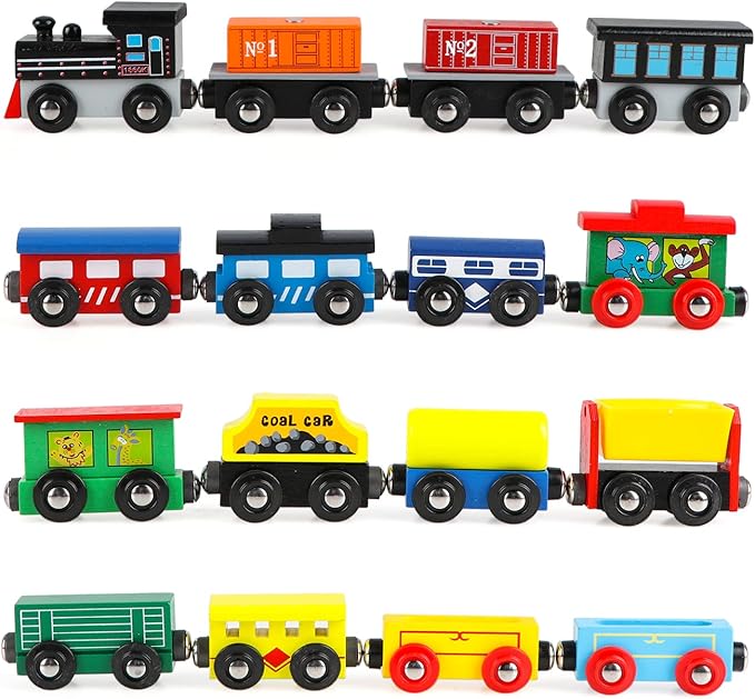 Wondertoys 16 Piece Magnetic Wooden Train Set for Toddlers - Includes Storage Bag and Track Accessories
