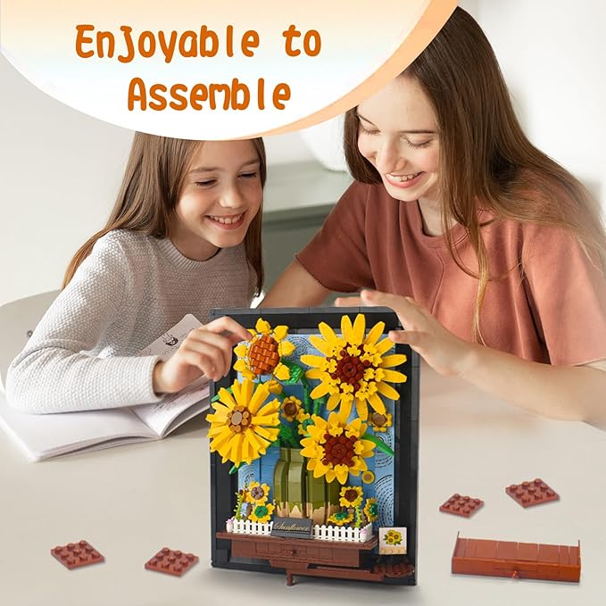 Topdear 3D Sunflower Building Block Sets with Frame, Sunflower Flower Bouquet Building Set for Kids Age 6+, Adult, Creative Framed 3D Sunflowers Building Kit Gift for Mother's Day, Birthday, Christmas