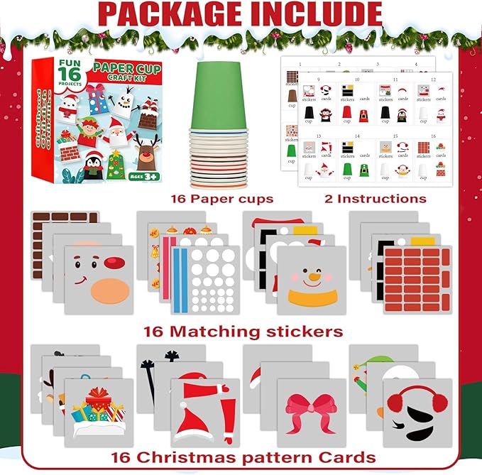 ZOIIWA 16 Pack Christmas Arts and Crafts Create Your Own Christmas Crafts Using Cups Christmas Theme Craft DIY Kit Xmas Holiday Paper Cup Art Kit Xmas Art Supplies