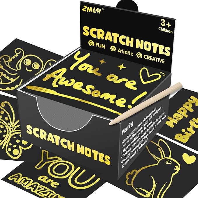 ZMLM Rainbow Scratch Paper Art Mini Notes Easter Basket Stuffers for Kids Teens Gifts Ages 4-8 Bulk Craft Supplies for Girls Boys Birthday Classroom Party Games Toy Stocking Stuffers(Gold)