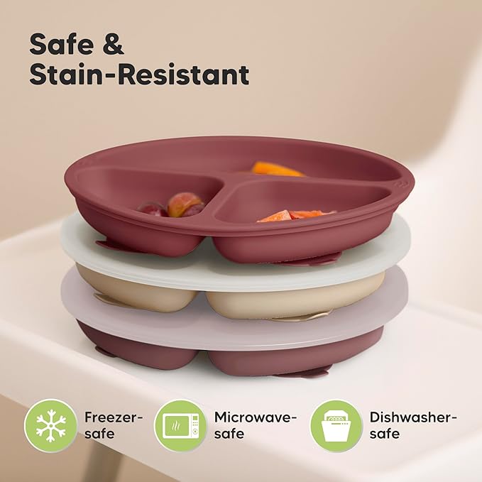 KeaBabies Suction Plates with Lids for Baby - 3-Pack 100% Silicone Suction Plates for Baby, Kids,Toddler Plates,Divided Baby Plates with Suction,Lids, BPA-Free, Microwave, Dishwasher Safe (Burgundy)