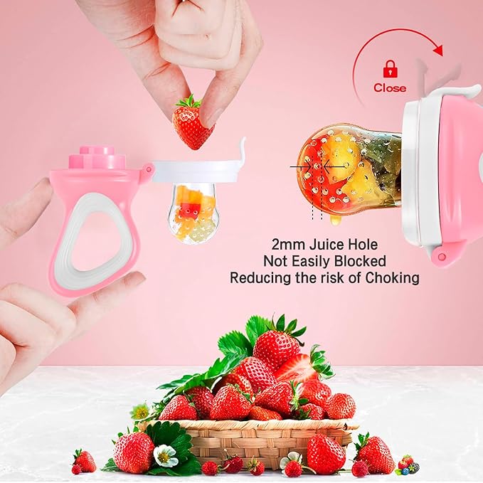 Baby Fruit Feeder with Mini Freezer Tray, Baby Teethers, Breastmilk Popsicle Molds for Baby Teething Relief, Silicone Fresh Food Feeder for Safe Infant Self Feeding (Candy Pink)