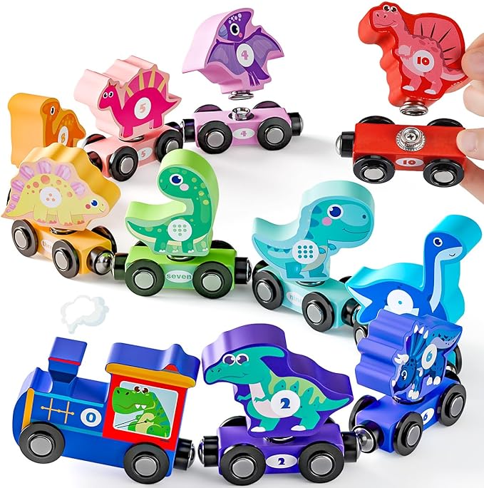 Magnetic Wooden Train Toys for 2 Year Old Boy Gifts, Snap Matching Dinosaur Toy Train for Toddlers 3-5, Dinosaur Toys for Kids 2-4 - Learning Montessori Toys for Toddler Boy Girl Birthday Gifts